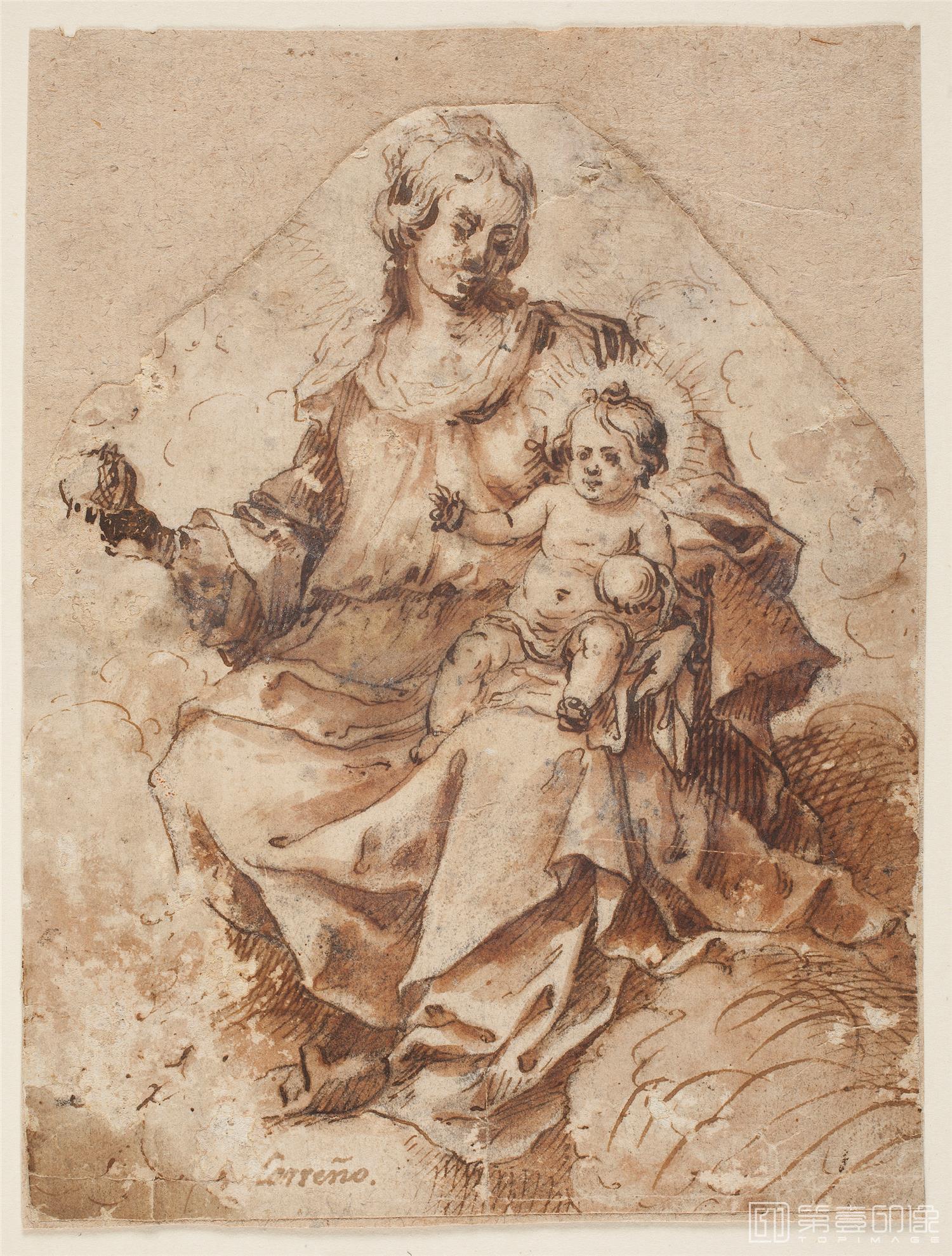 素描-西班牙普拉多美术馆素描藏画-Anonimo-La Virgen con el Nino3-0364